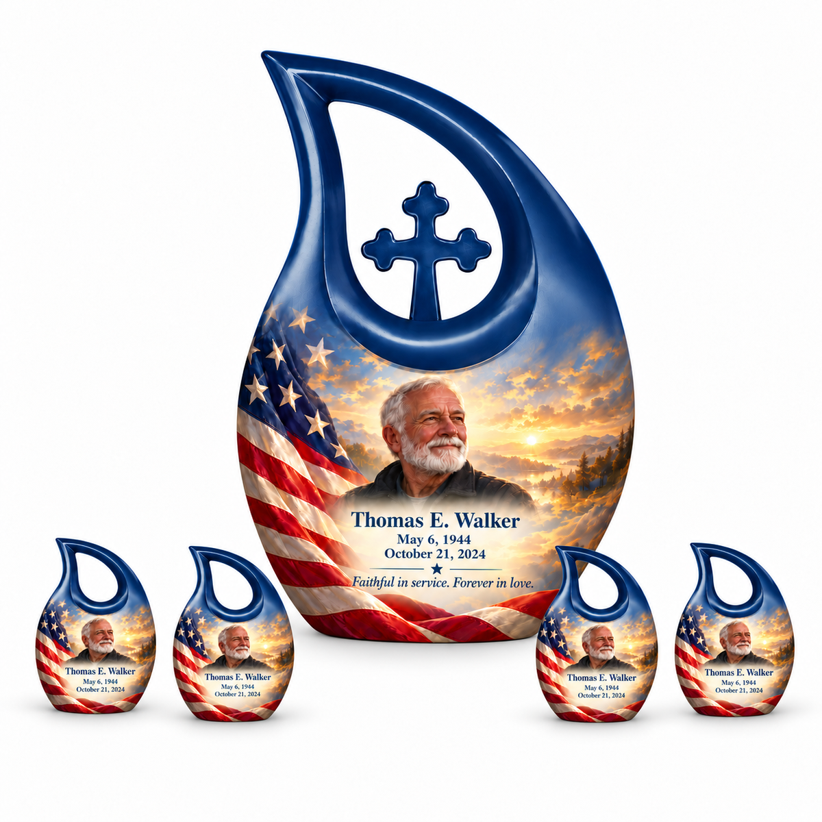 Personalized American flag Cross Drop urn, 10 inch large Urn with 4 Keepsake 3 Inch Urns; sample portrait and memorial text