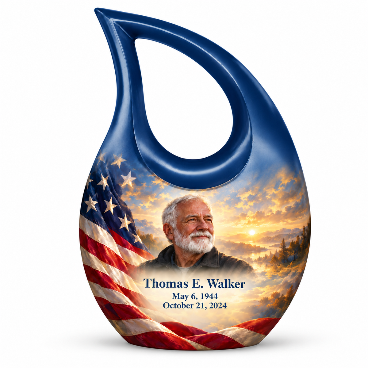 Personalized American flag Cross Drop urn, 1 Keepsake 3 inch Urn; sample portrait and memorial text