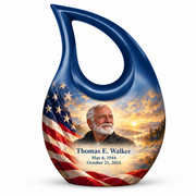 Personalized American flag Cross Drop urn, 1 Keepsake 3 inch Urn; sample portrait and memorial text