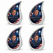 Personalized American flag Curved Drop urn, 4 Keepsake 3 inch Urns; sample portrait and memorial text