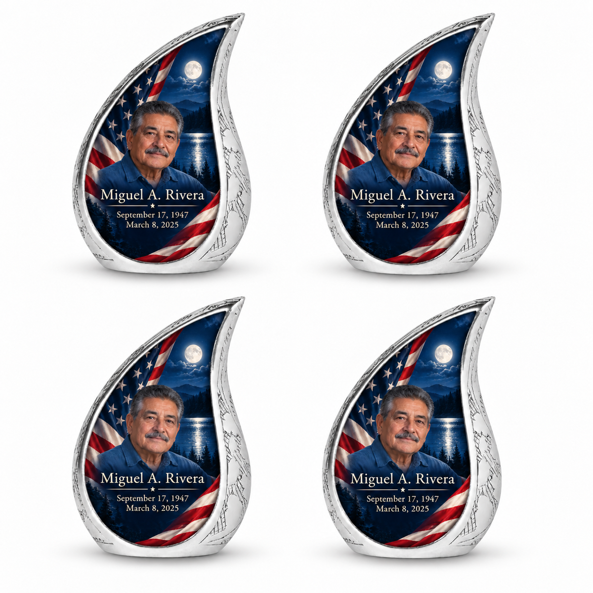 Personalized American flag Curved Drop urn, 4 Keepsake 3 inch Urns; sample portrait and memorial text