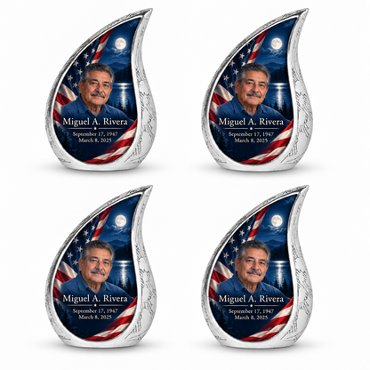 Personalized American flag Curved Drop urn, 4 Keepsake 3 inch Urns; sample portrait and memorial text