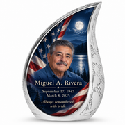 Personalized American flag Curved Drop urn, 10 inch large Urn; sample portrait and memorial text