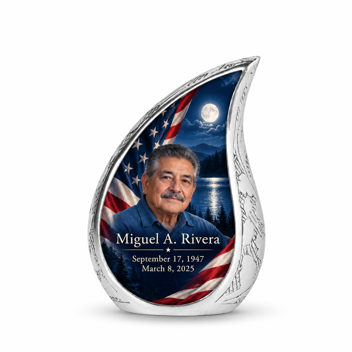 Personalized American flag Curved Drop urn, 1 Keepsake 3 inch Urn; sample portrait and memorial text