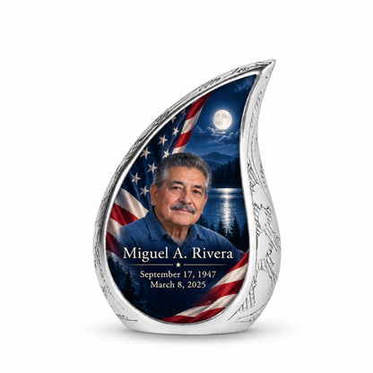 Personalized American flag Curved Drop urn, 1 Keepsake 3 inch Urn; sample portrait and memorial text