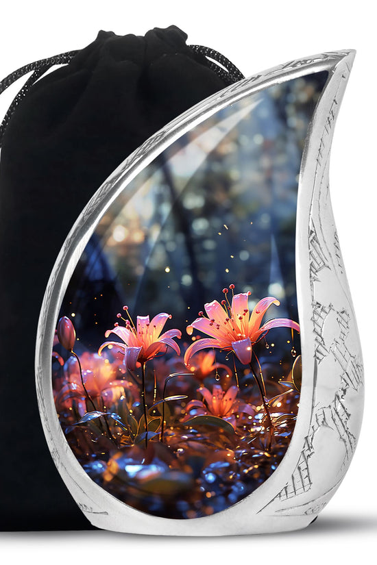 White Lily Cremation Aluminum Urn - Large Funeral Urn For Ashes