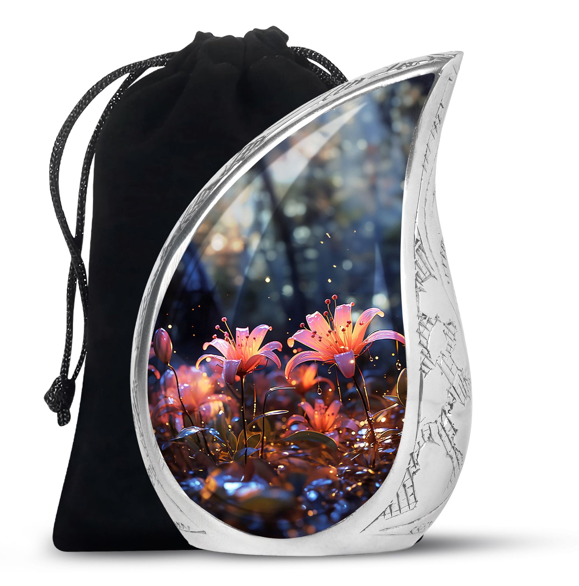 White Lily Cremation Aluminum Urn - Large Funeral Urn For Ashes