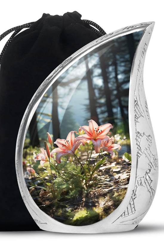 Pink Lily Aluminium Urn For Ashes - Large Floral Memorial Urn