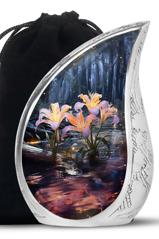Beautiful Lily Theme Funeral Urn - Aluminum Memorial Urn For Adult Ashes