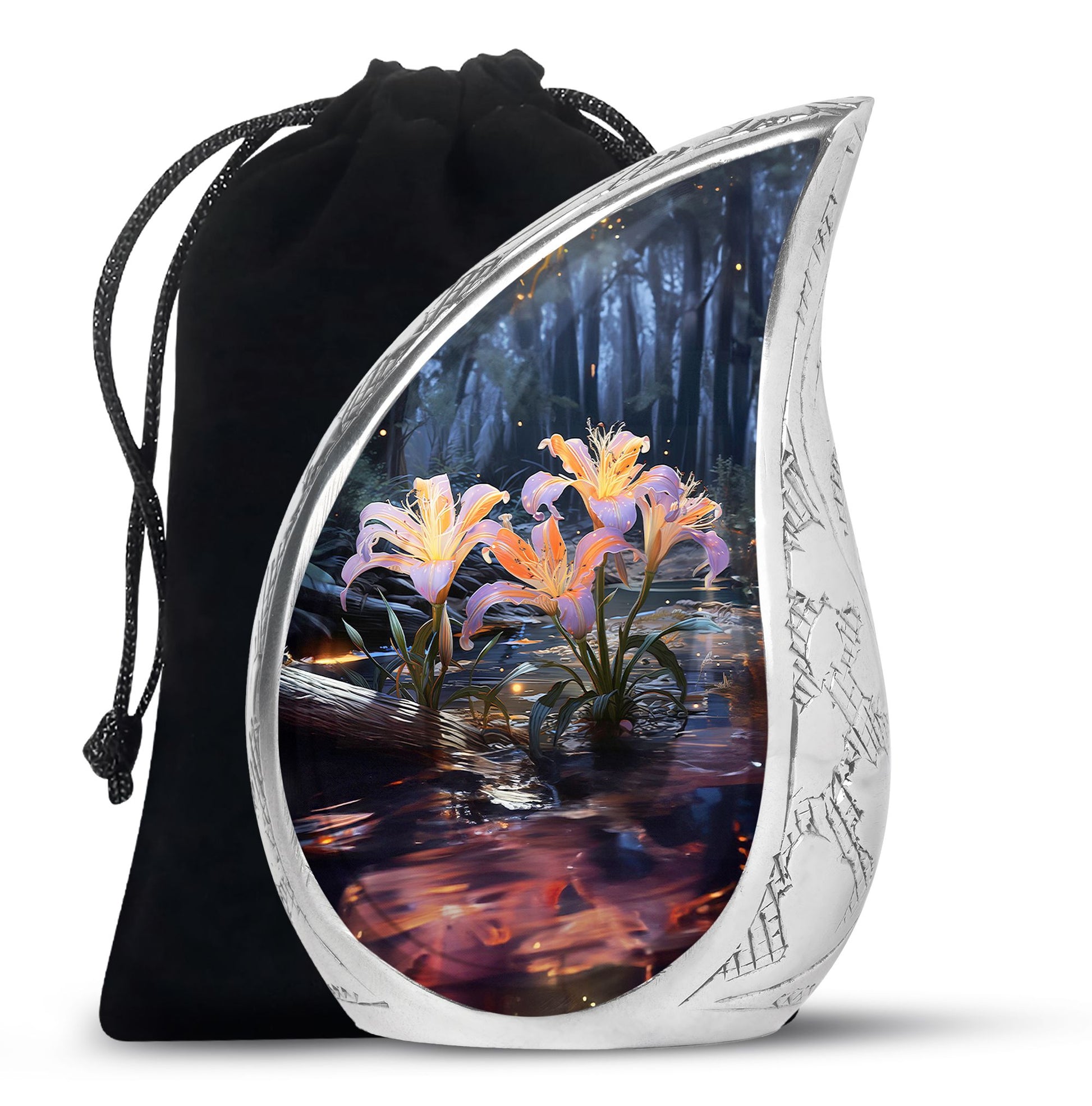 Beautiful Lily Theme Funeral Urn - Aluminum Memorial Urn For Adult Ashes