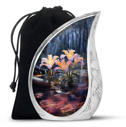 Beautiful Lily Theme Funeral Urn - Aluminum Memorial Urn For Adult Ashes