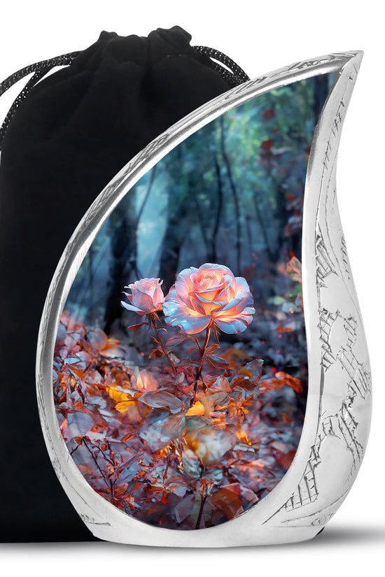White Rose Theme Funeral Urn - Aluminium Memorial Urn For Loved Ones