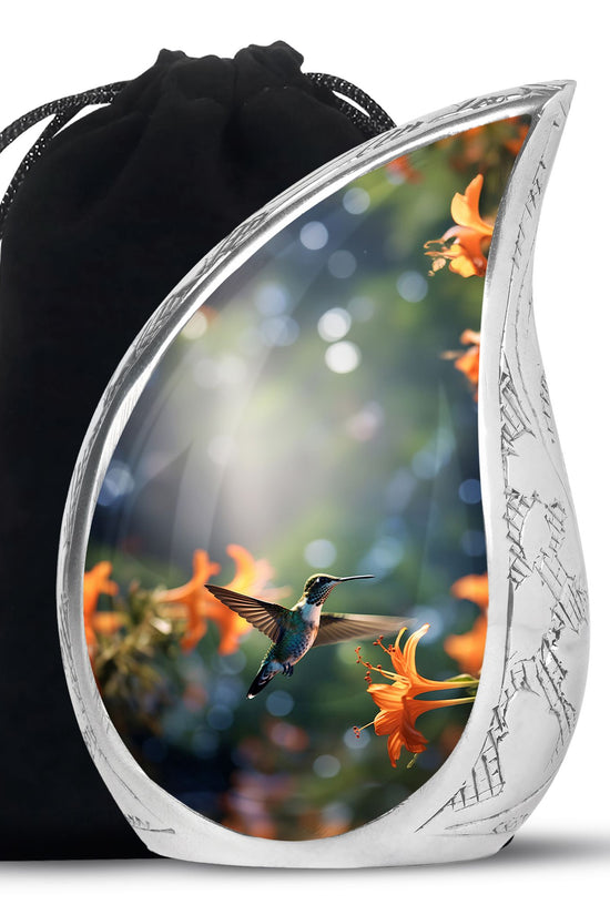 Floral Hummingbird Memorial Urn - Aluminium Cremation Urn For Adult Ashes