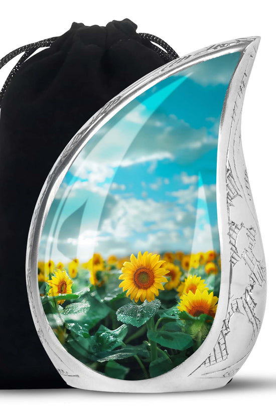 Sunflower Garden Funeral Urn - Blue Aluminum Urn For Adult Ashes