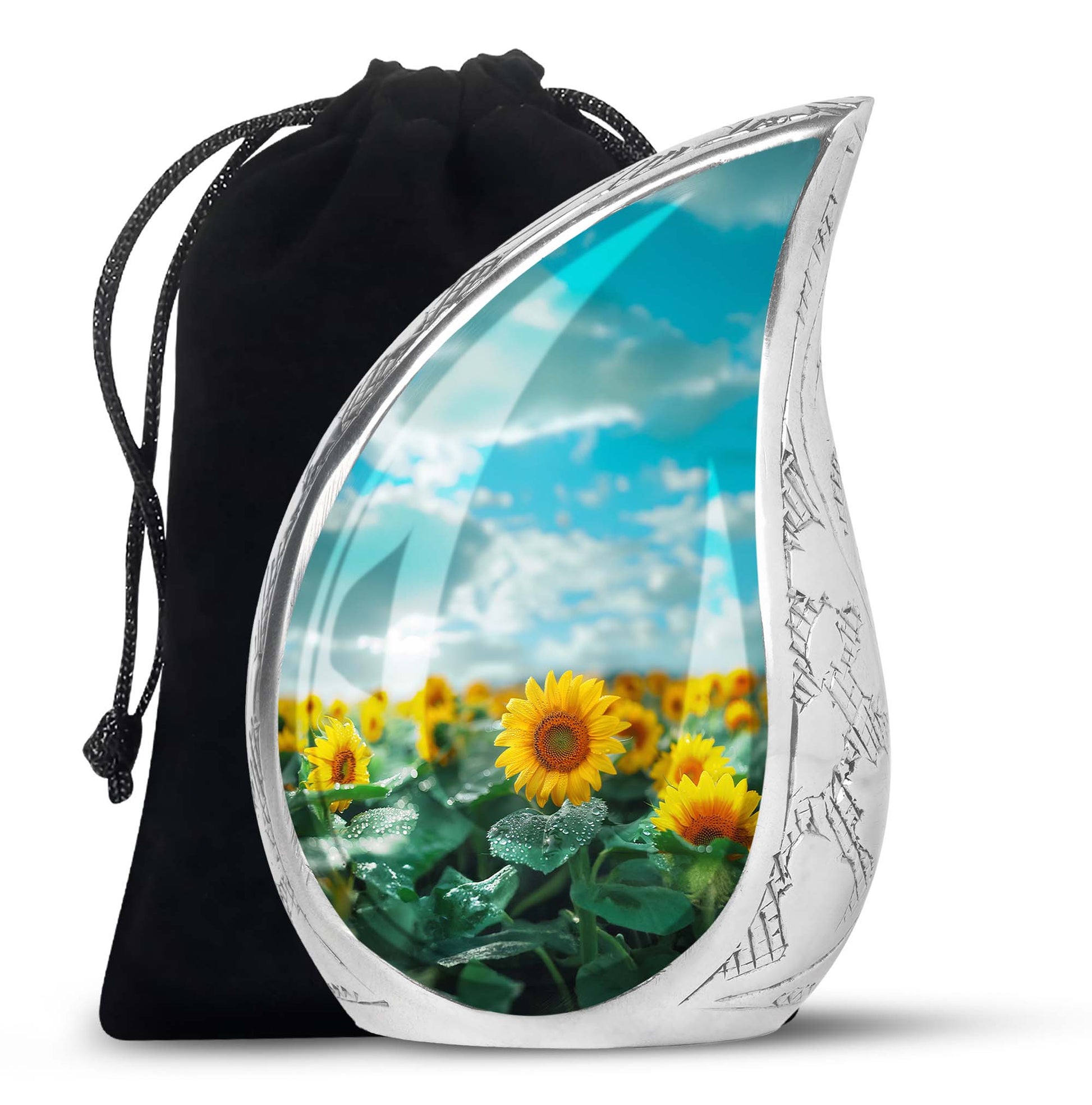 Sunflower Garden Funeral Urn - Blue Aluminum Urn For Adult Ashes
