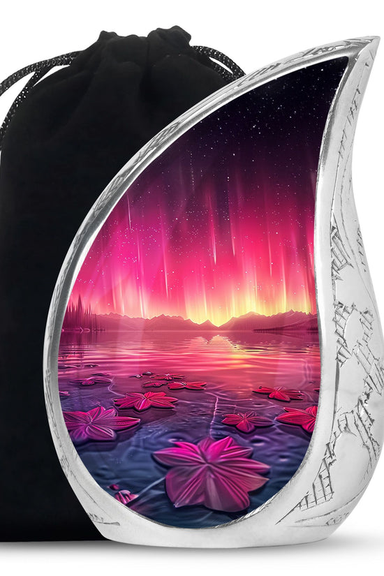 Pink Aurora Borealis Memorial Urn - Floral Lake Cremation Urn For Ashes