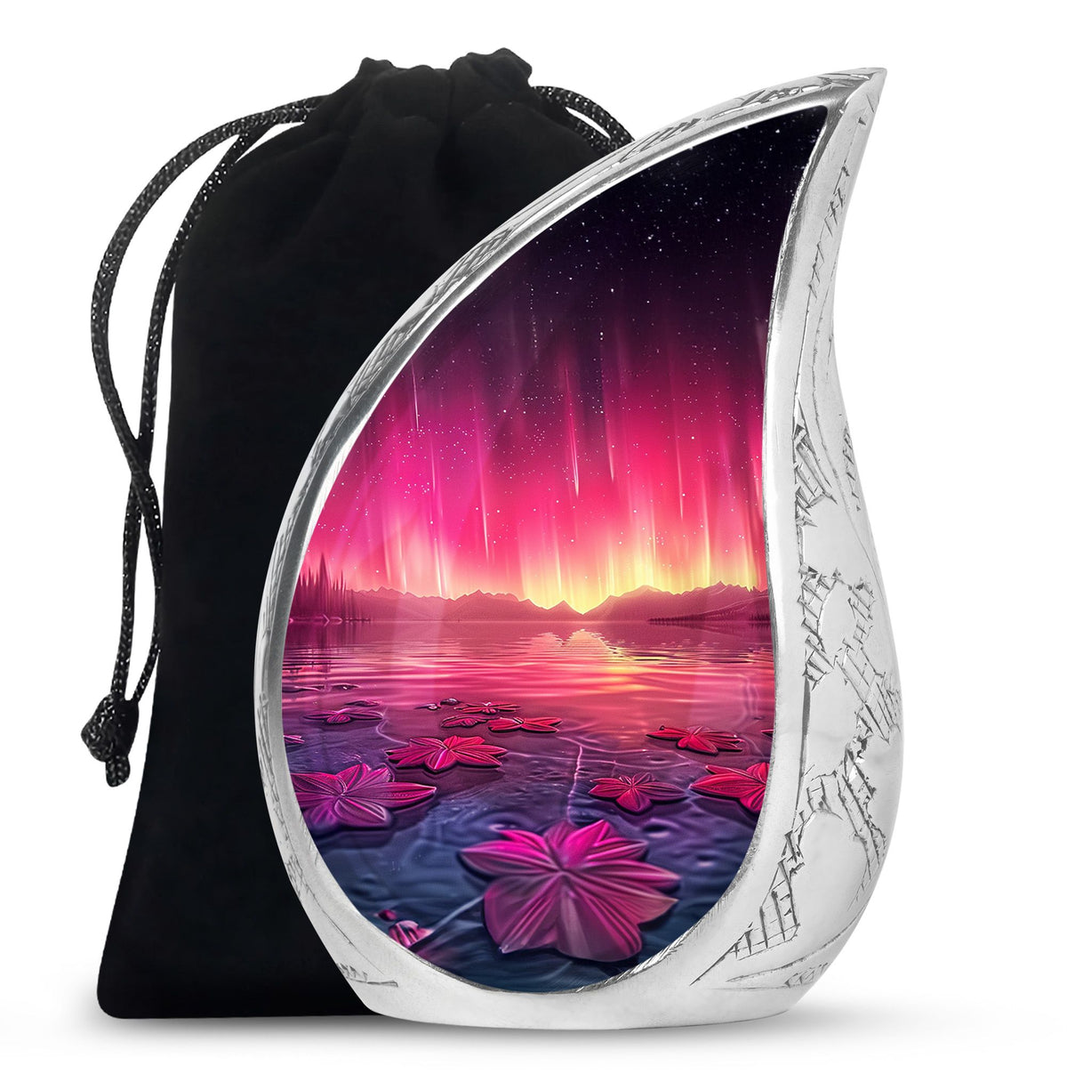 Pink Aurora Borealis Memorial Urn - Floral Lake Cremation Urn For Ashes