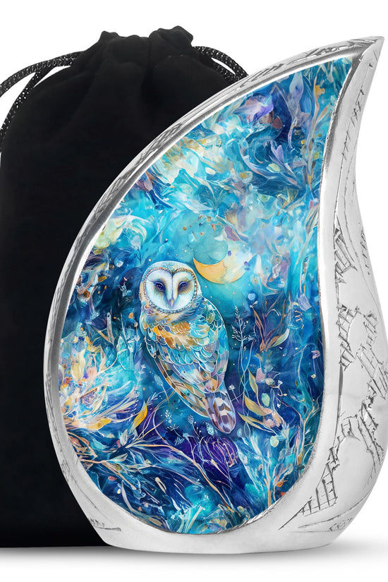 Blue Nature Memorial Owl Urn - Unique Aluminium Funeral Urn For Human Ashes
