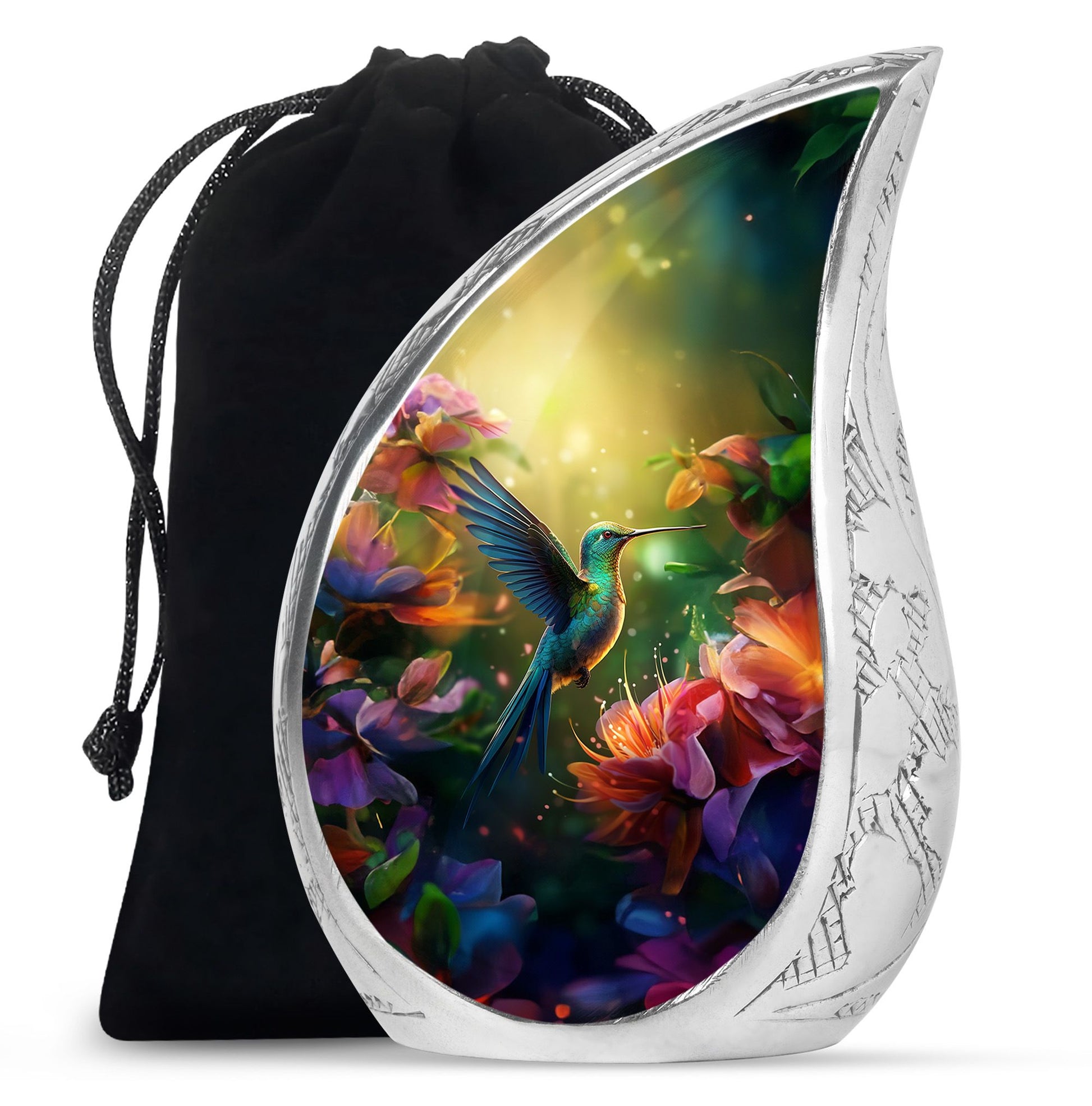 Artistic Floral Hummingbird Cremation Urn - Premium Aluminum Urn For Ashes