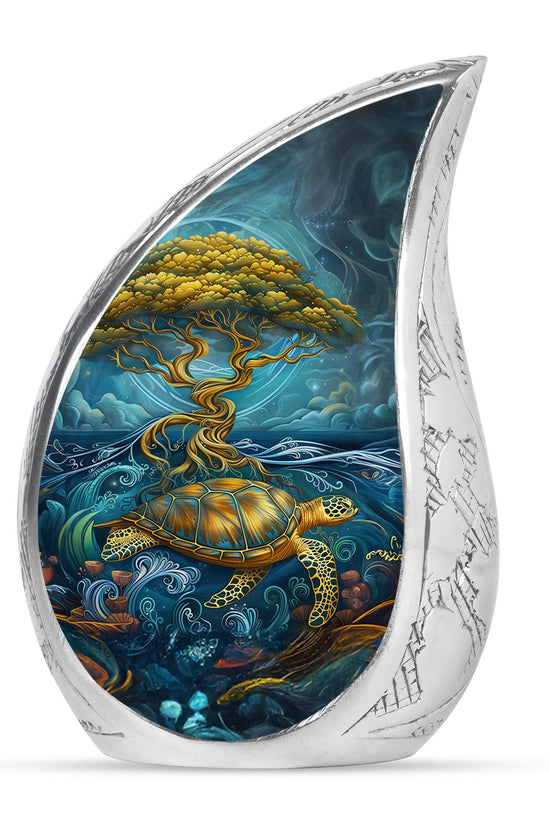 Sea Turtle Tree Cremation Urn - Blue Aluminium Memorial Urn For Loved Ones