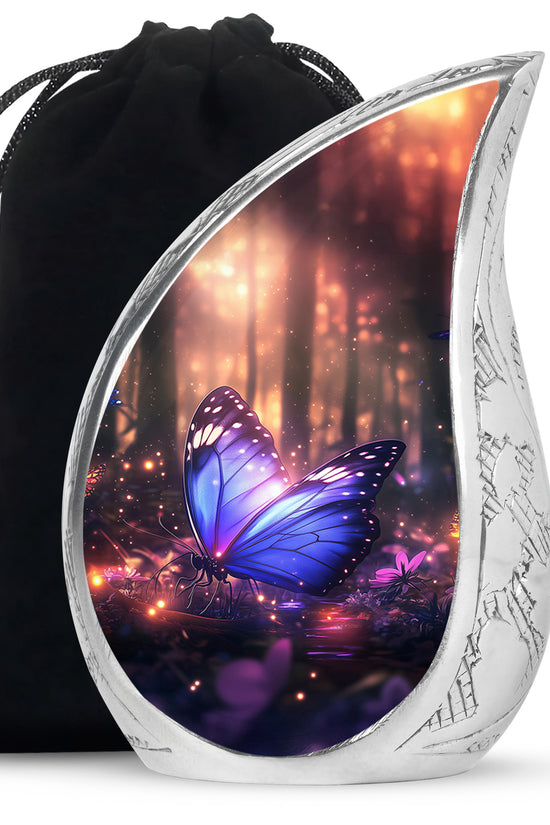 Blue Majestic Butterfly Memorial Urn - Mystical Forest Funeral Urn