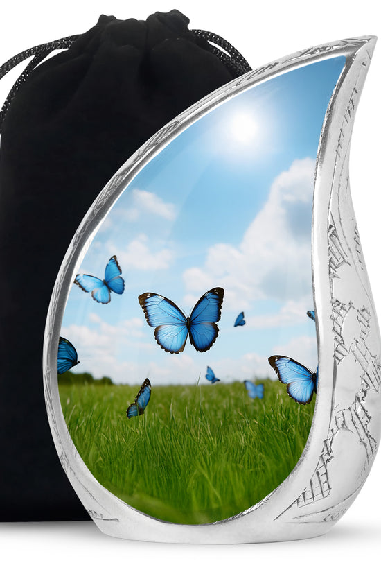 Blue Butterflies Memorial Urn - Large Decorative Urn For Human Ashes