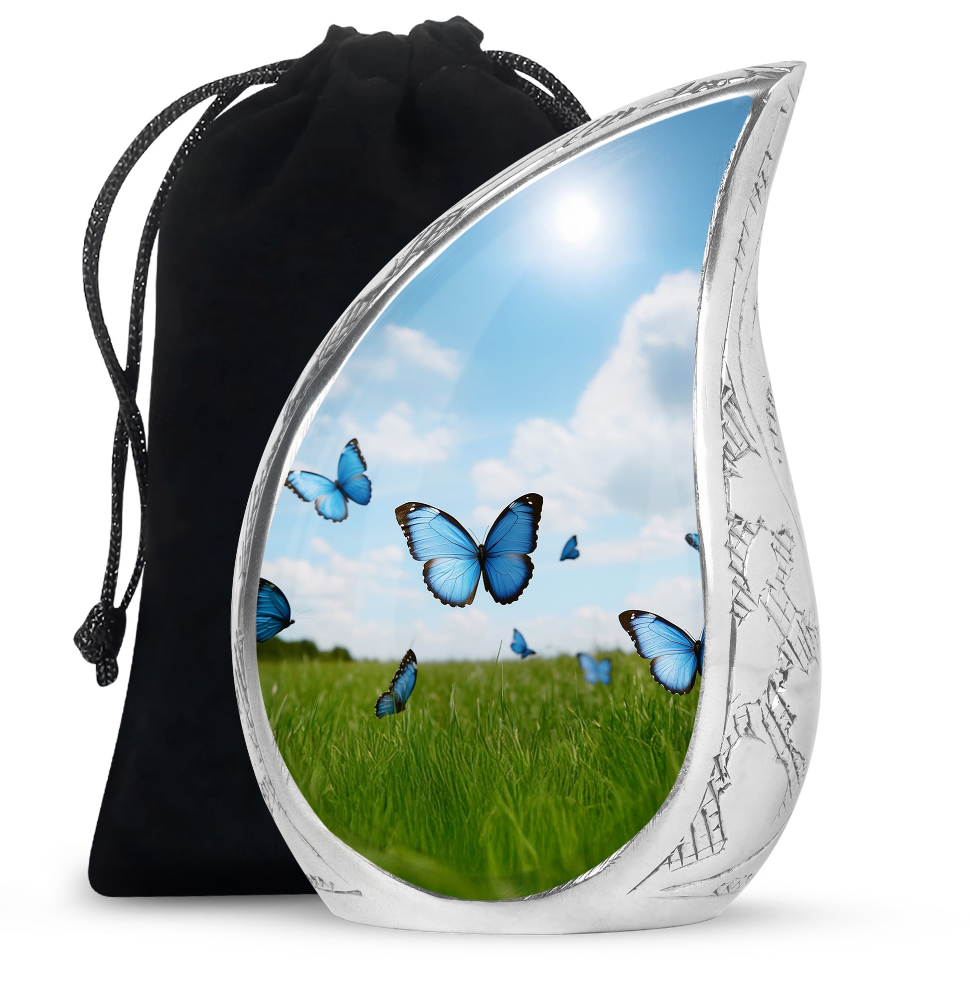 Blue Butterflies Memorial Urn - Large Decorative Urn For Human Ashes