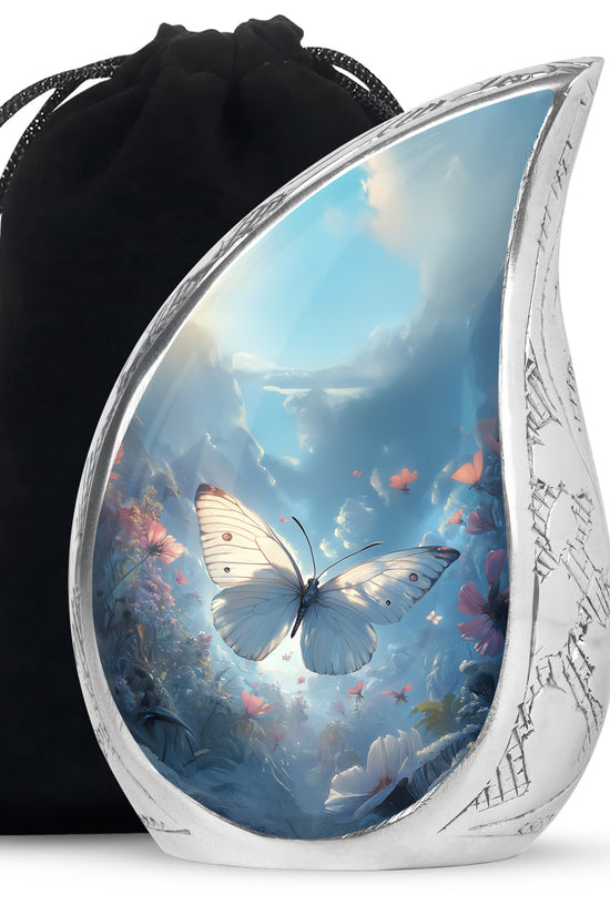 Dreamlike White Butterfly Urn For Human Ashes - Floral Memorial Urn