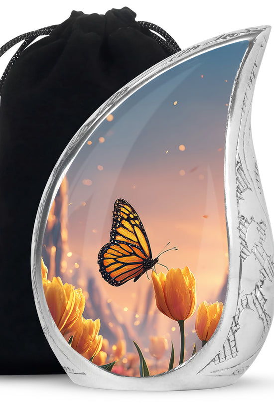 Orange Monarch Butterfly Ashes Urn - Yellow Tulip Cremation Urn