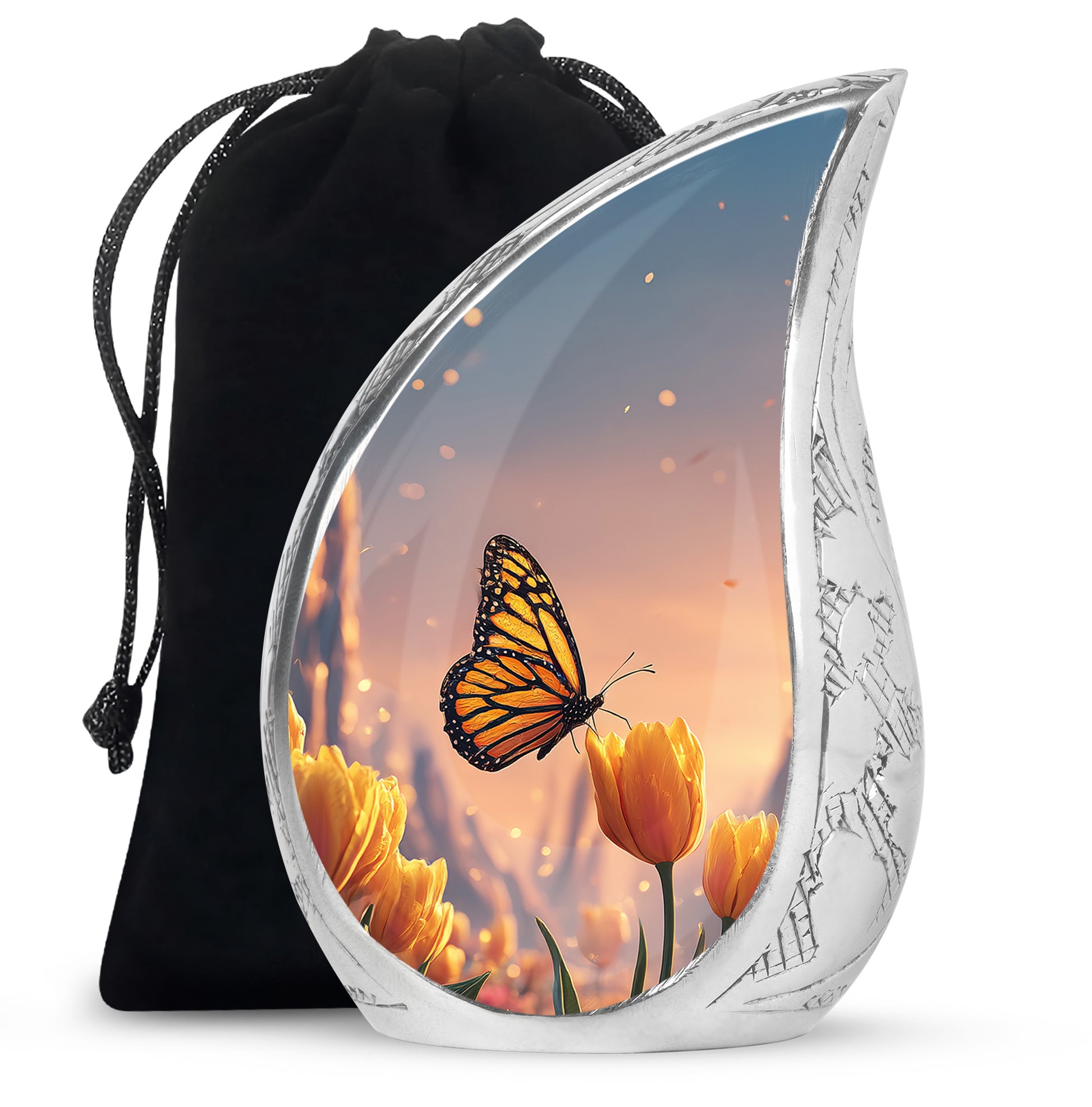 Orange Monarch Butterfly Ashes Urn - Yellow Tulip Cremation Urn