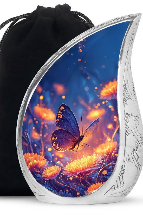 Glowing Butterfly Cremation Urn for Ashes - Blue Floral Memorial Urn