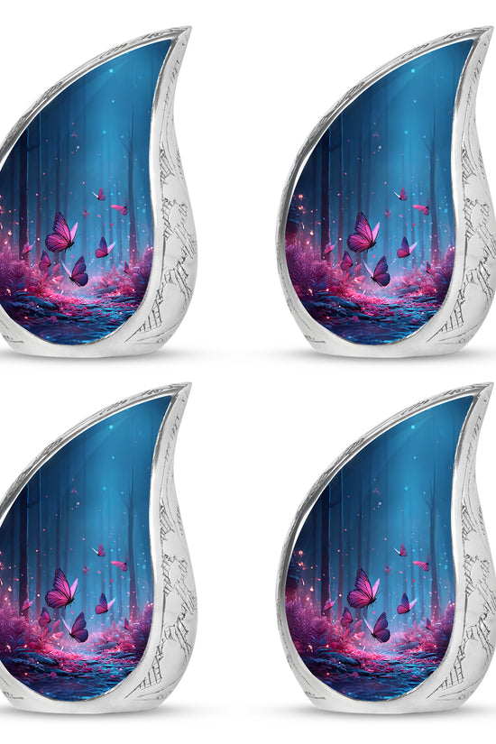 Soft Blue Butterfly Cremation Urn close-up of engraving and surface detail - graceful tear-shaped urn with butterfly motif - 10 inch aluminum urn for cremated remains