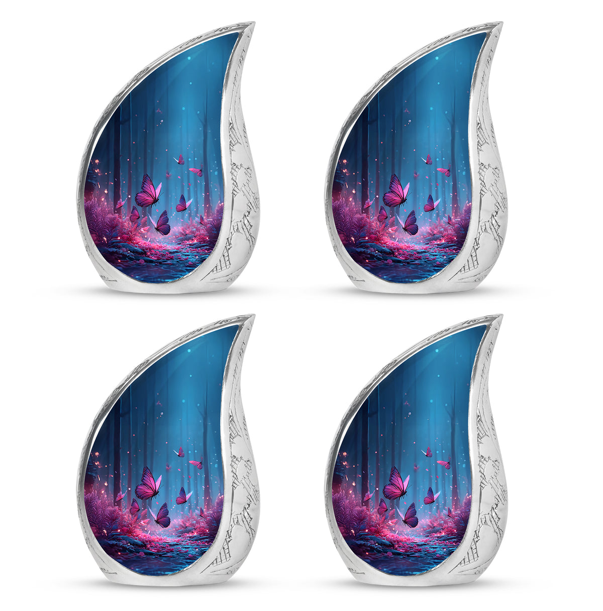 Soft Blue Butterfly Cremation Urn close-up of engraving and surface detail - graceful tear-shaped urn with butterfly motif - 10 inch aluminum urn for cremated remains