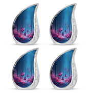 Soft Blue Butterfly Cremation Urn close-up of engraving and surface detail - graceful tear-shaped urn with butterfly motif - 10 inch aluminum urn for cremated remains