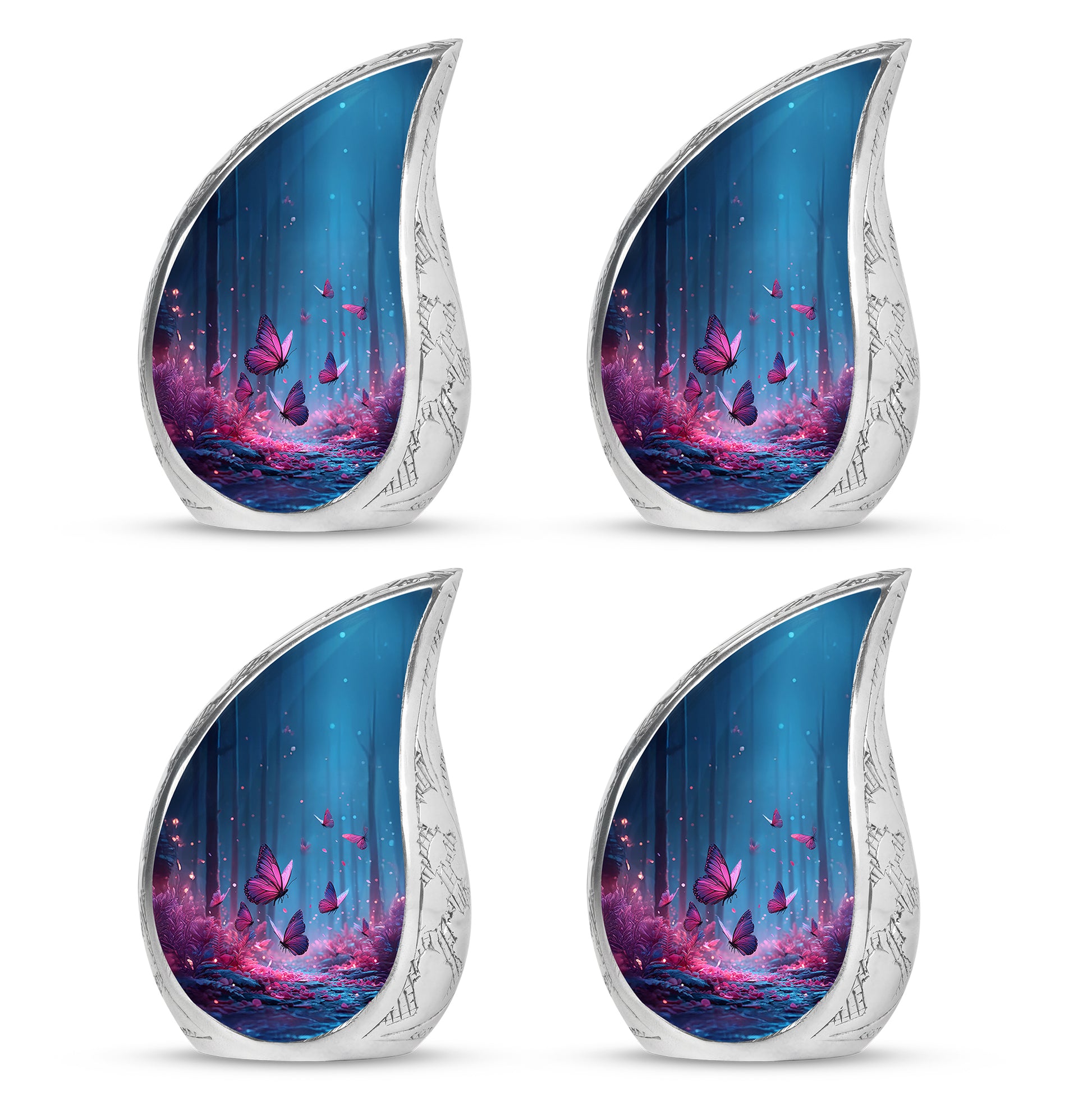 Soft Blue Butterfly Cremation Urn close-up of engraving and surface detail - graceful tear-shaped urn with butterfly motif - 10 inch aluminum urn for cremated remains