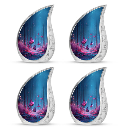 Soft Blue Butterfly Cremation Urn close-up of engraving and surface detail - graceful tear-shaped urn with butterfly motif - 10 inch aluminum urn for cremated remains