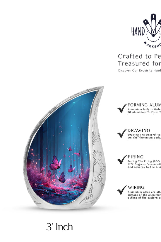Serene Blue Butterfly Cremation Urn angled view of lid and engraved motif - graceful tear-shaped urn with butterfly motif - mini keepsake memorial for portion of cremation ashes