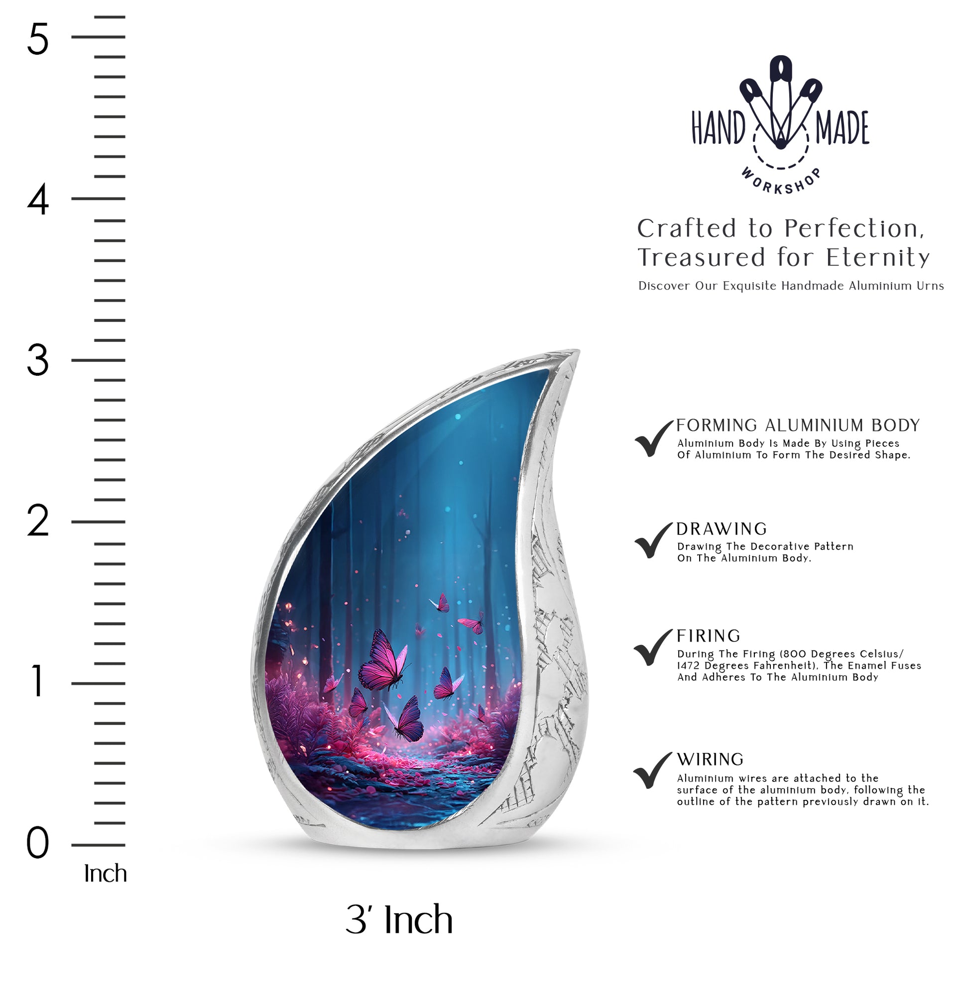 Serene Blue Butterfly Cremation Urn angled view of lid and engraved motif - graceful tear-shaped urn with butterfly motif - mini keepsake memorial for portion of cremation ashes