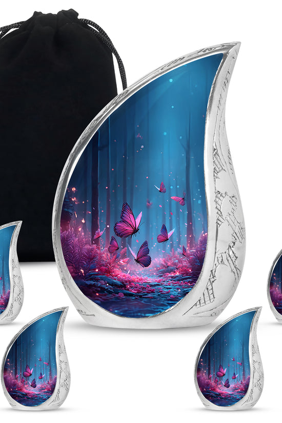 Bright Blue Butterfly Cremation Urn side profile showing urn shape - graceful tear-shaped urn with butterfly motif - memorial set with one large and four small urns