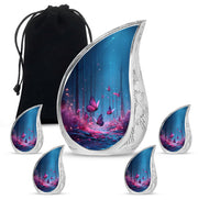 Bright Blue Butterfly Cremation Urn side profile showing urn shape - graceful tear-shaped urn with butterfly motif - memorial set with one large and four small urns