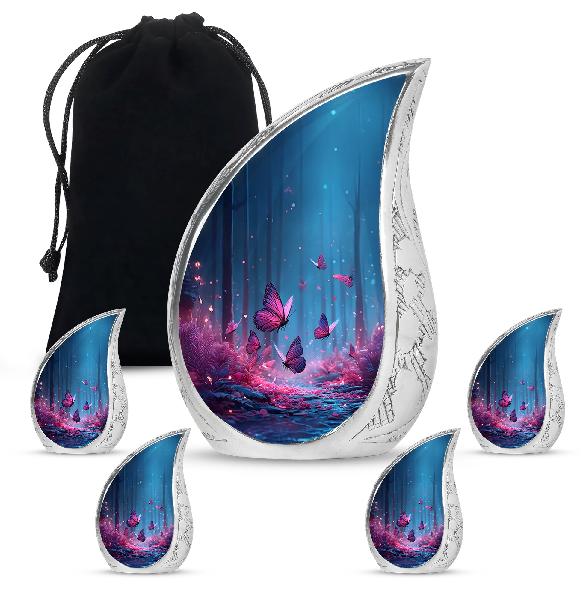 Bright Blue Butterfly Cremation Urn side profile showing urn shape - graceful tear-shaped urn with butterfly motif - memorial set with one large and four small urns