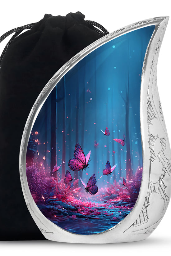 Steel Blue Butterfly Cremation Urn front view showing detailed design - graceful tear-shaped urn with butterfly motif - full-size 10 inch 200 cubic inch adult cremation urn