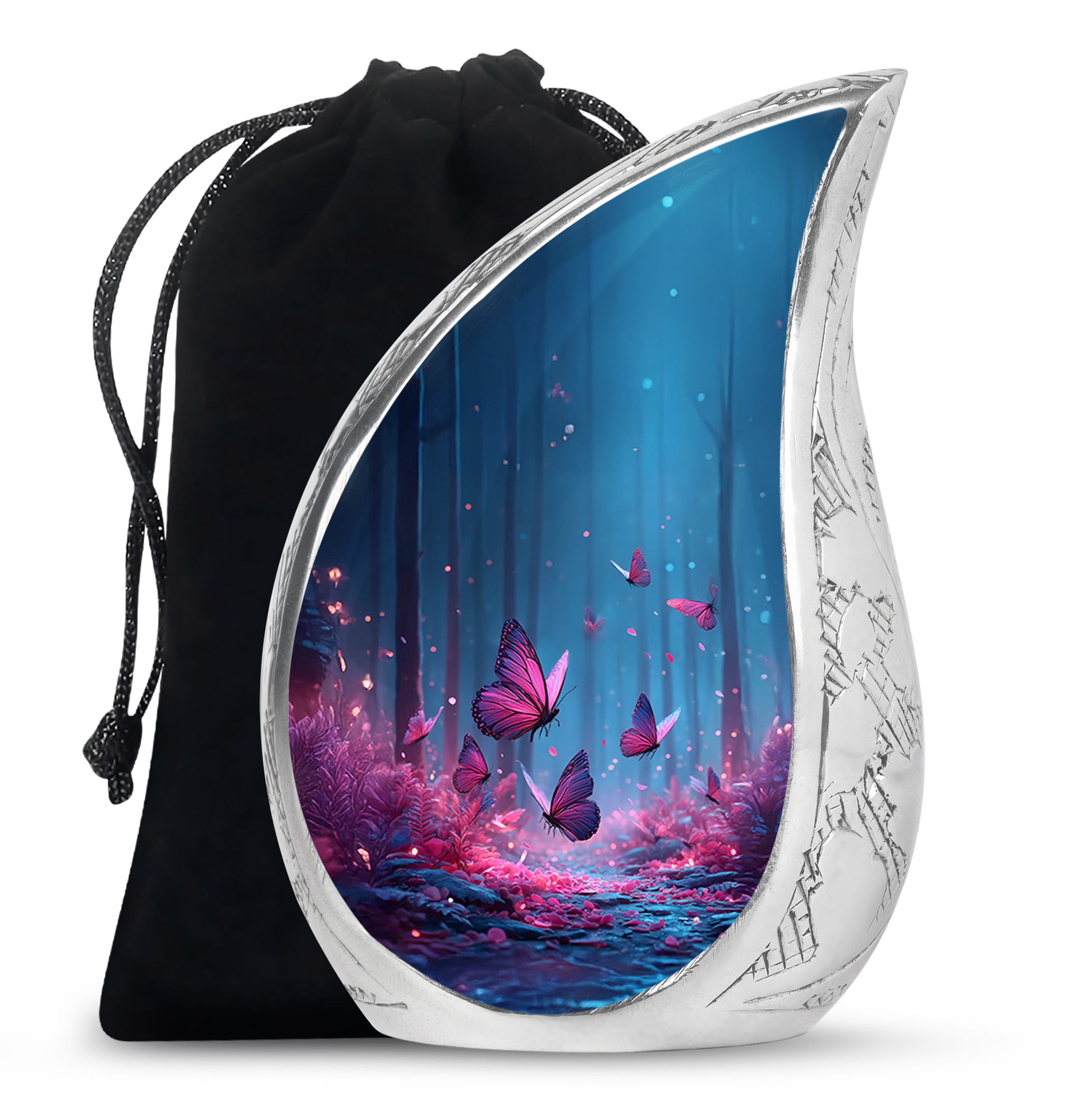 Steel Blue Butterfly Cremation Urn front view showing detailed design - graceful tear-shaped urn with butterfly motif - full-size 10 inch 200 cubic inch adult cremation urn