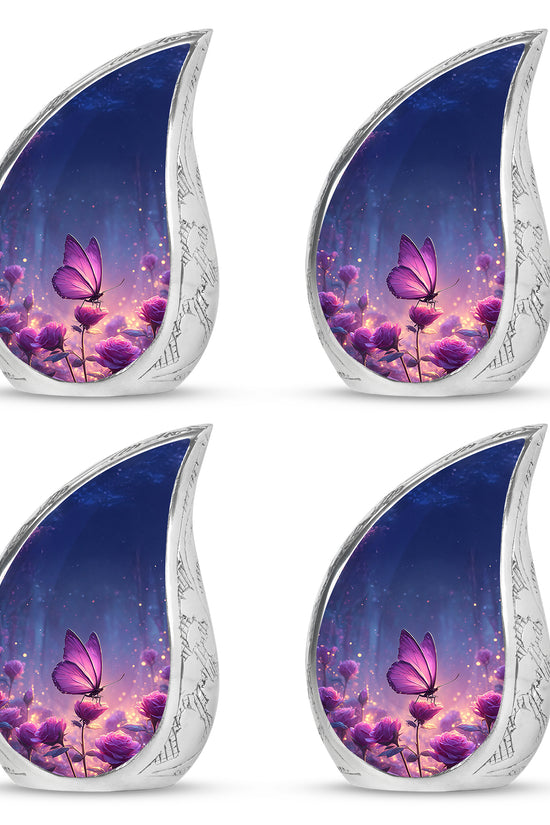 Vivid Blue Butterfly Cremation Urn close-up of engraving and surface detail - graceful tear-shaped urn with butterfly motif - 10 inch aluminum urn for cremated remains