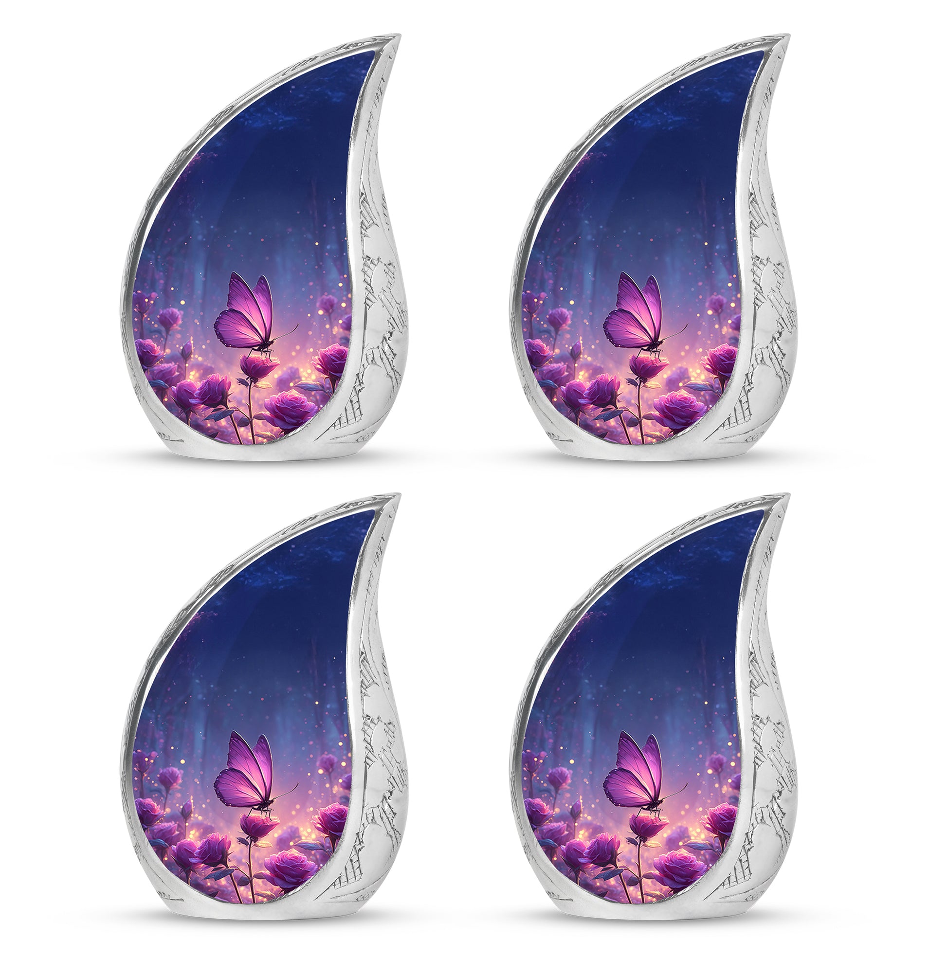 Vivid Blue Butterfly Cremation Urn close-up of engraving and surface detail - graceful tear-shaped urn with butterfly motif - 10 inch aluminum urn for cremated remains