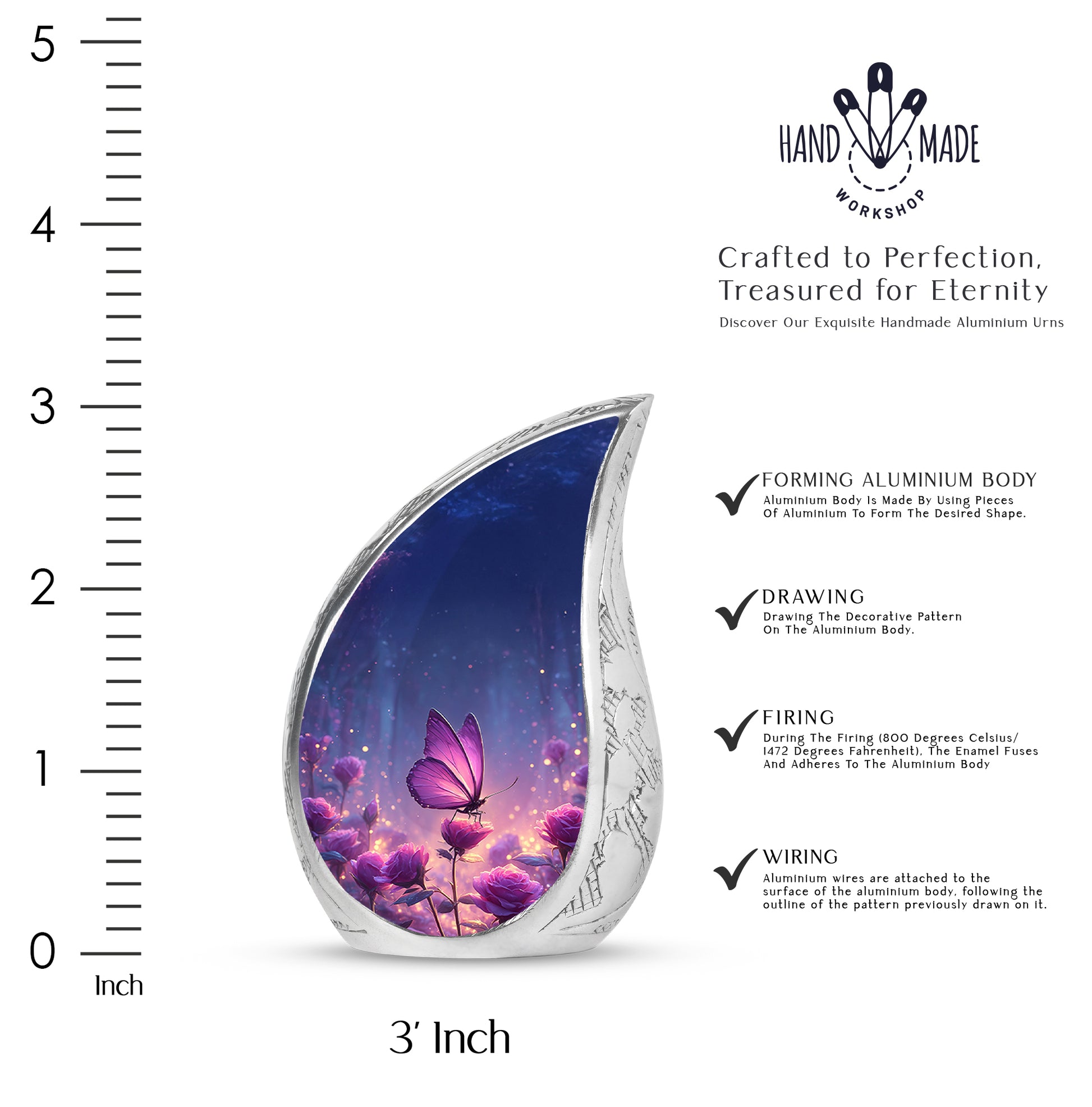 Dusty Blue Butterfly Cremation Urn angled view of lid and engraved motif - rounded teardrop butterfly design with delicate detail - mini keepsake memorial for portion of cremation ashes