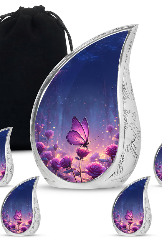 Misty Blue Butterfly Cremation Urn side profile showing urn shape - rounded teardrop butterfly design with delicate detail - memorial set with one large and four small urns