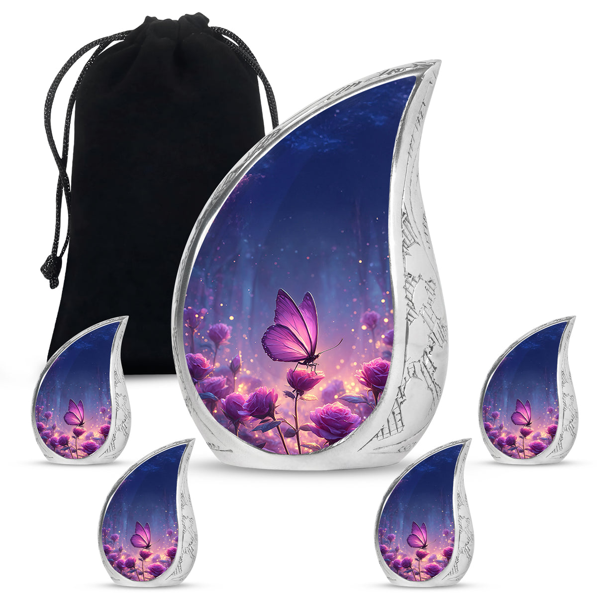 Misty Blue Butterfly Cremation Urn side profile showing urn shape - rounded teardrop butterfly design with delicate detail - memorial set with one large and four small urns
