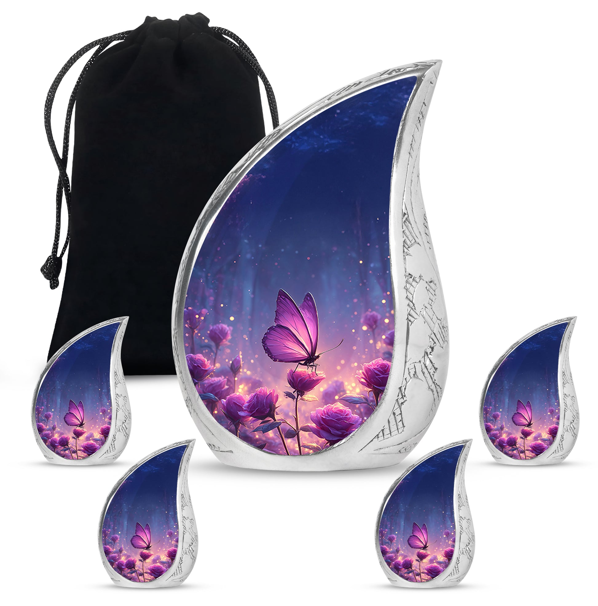 Misty Blue Butterfly Cremation Urn side profile showing urn shape - rounded teardrop butterfly design with delicate detail - memorial set with one large and four small urns