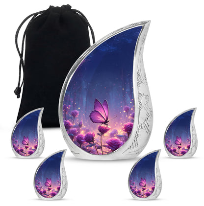 Misty Blue Butterfly Cremation Urn side profile showing urn shape - rounded teardrop butterfly design with delicate detail - memorial set with one large and four small urns